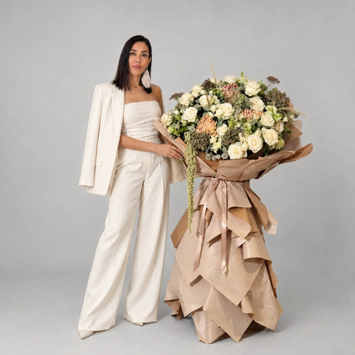 Atelier Neutral luxury flower stand with white and neutral-toned flowers by The SoArt
