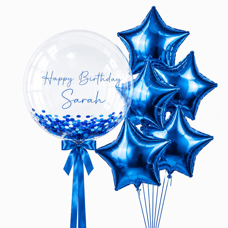 Blue personalised bubble and star balloon bouquet with confetti by The SoArt