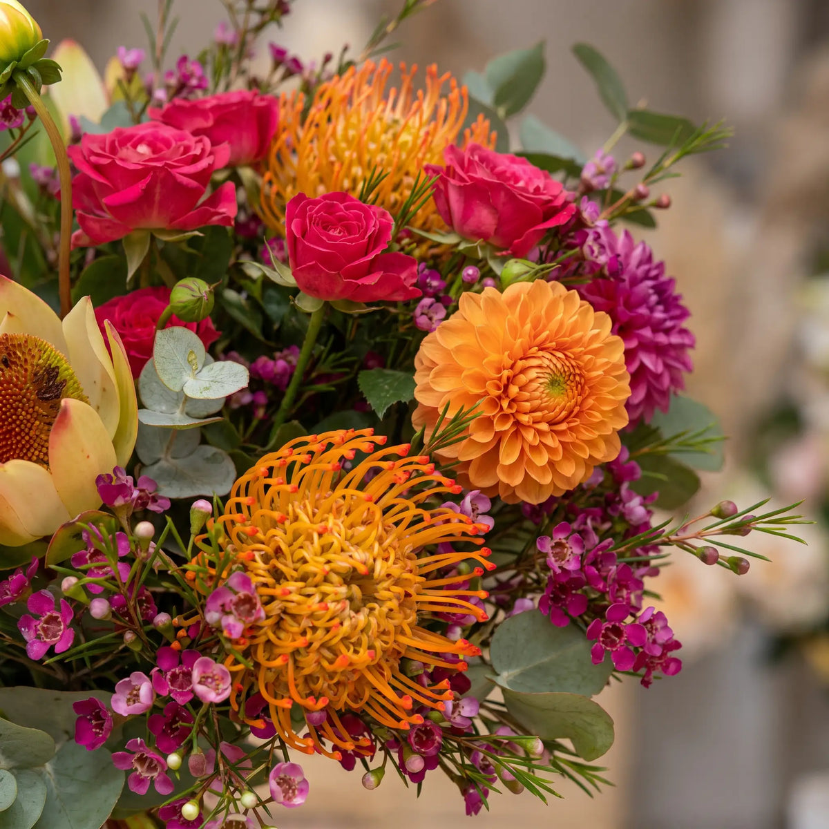 Close-up of Fuchsia Flame hand-tied flower bouquet