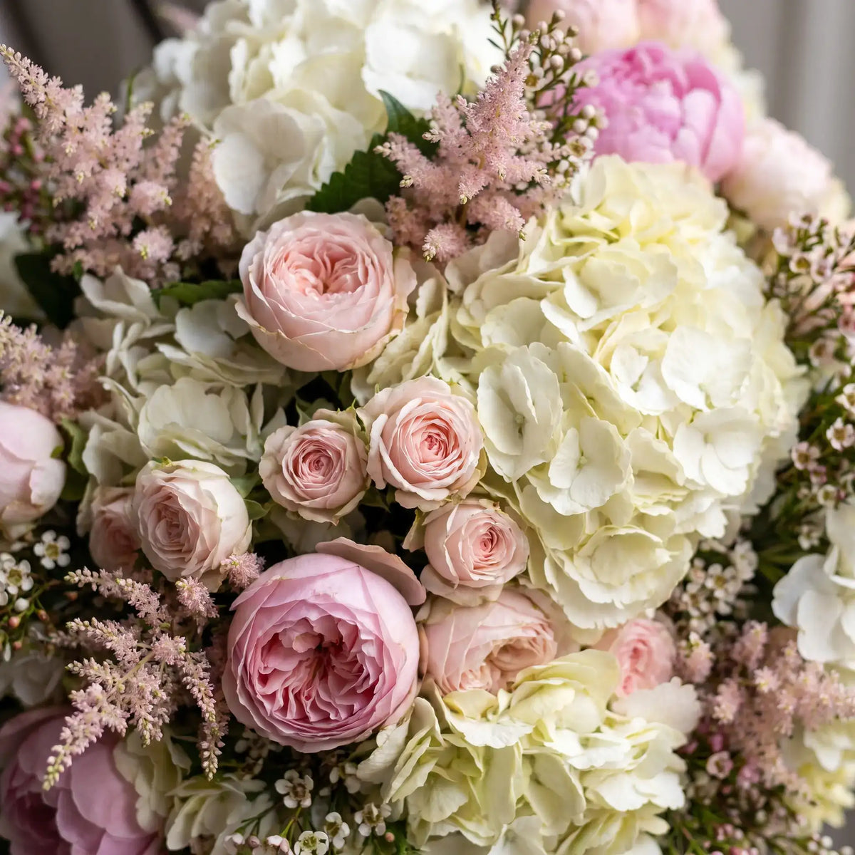 Close-up of Garden Romance hand-tied flower bouquet