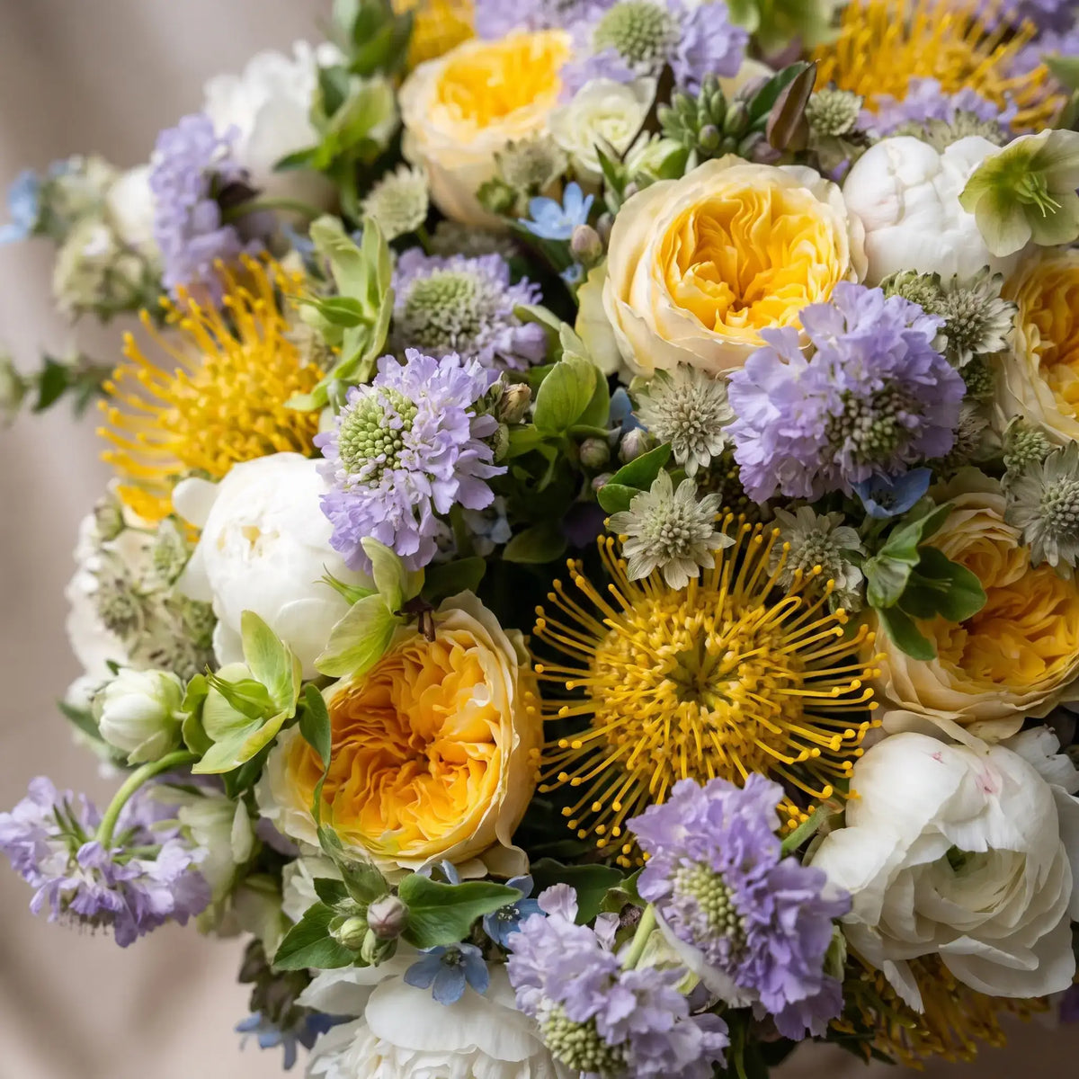 Close-up of Garden Tropics hand-tied flower bouquet