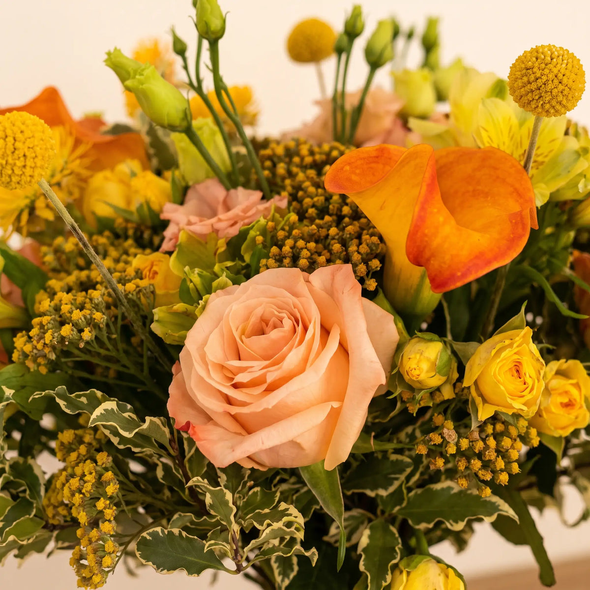 Close-up of Golden Serenade hand-tied flower bouquet