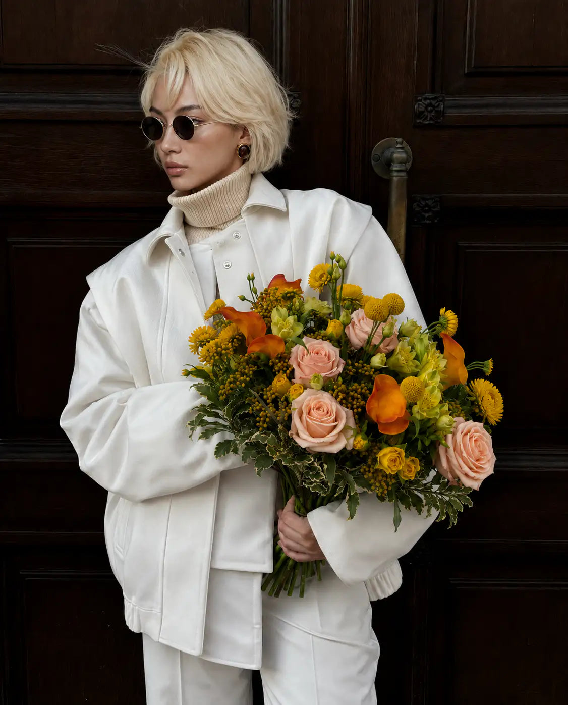 Golden Serenade flower bouquet styled in a lifestyle setting