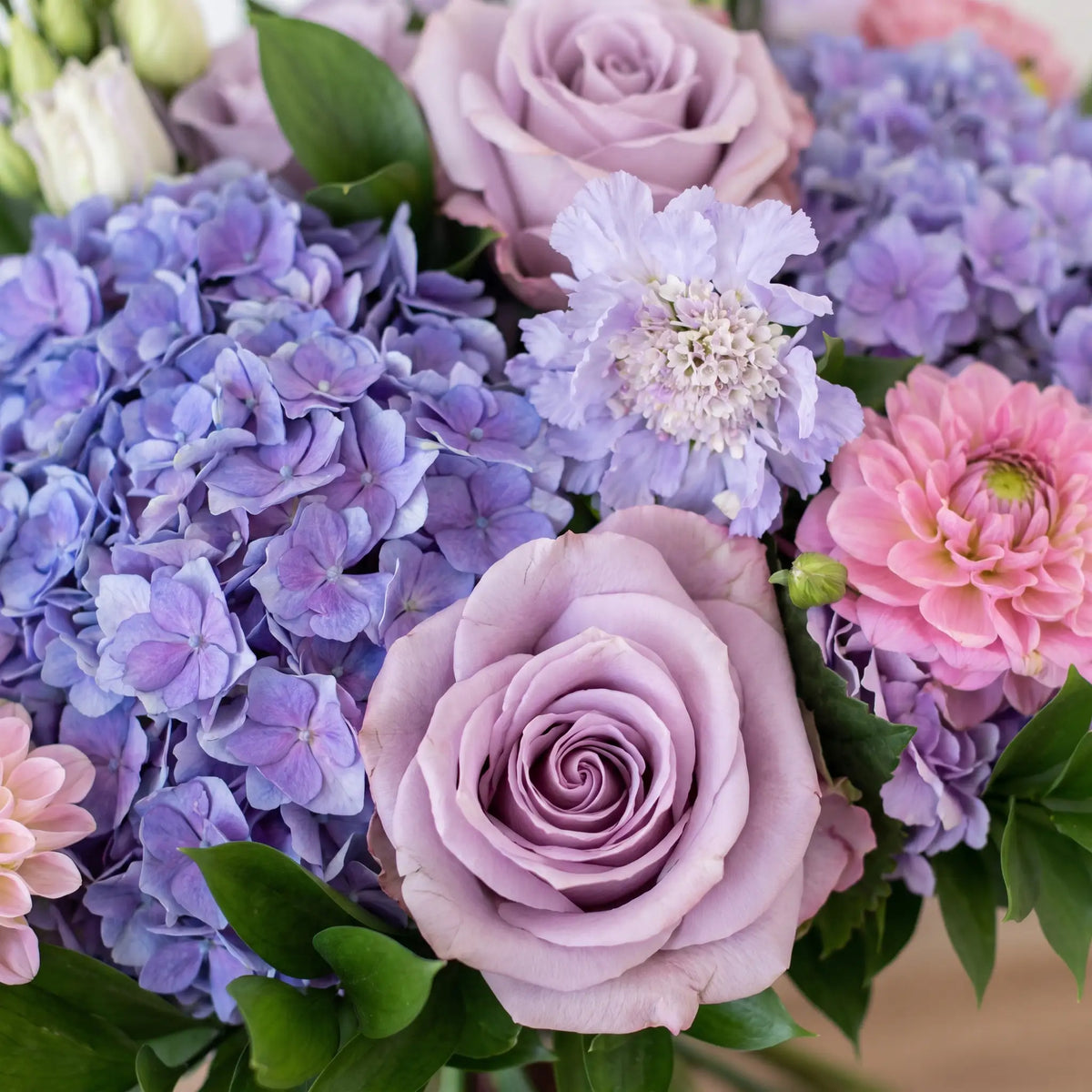 Close-up of Lilac Whisper hand-tied flower bouquet