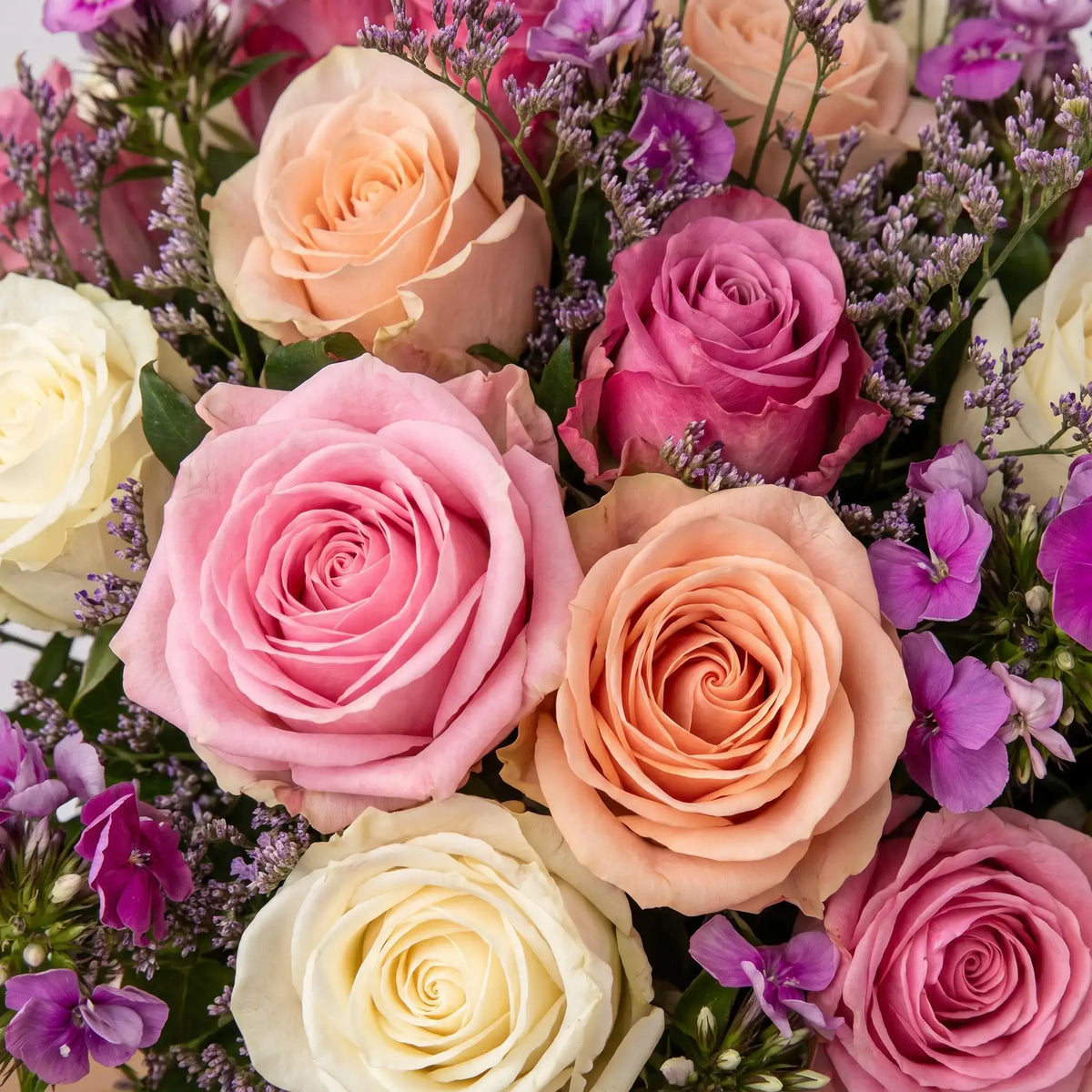 Close-up of Pastel Melody hand-tied flower bouquet