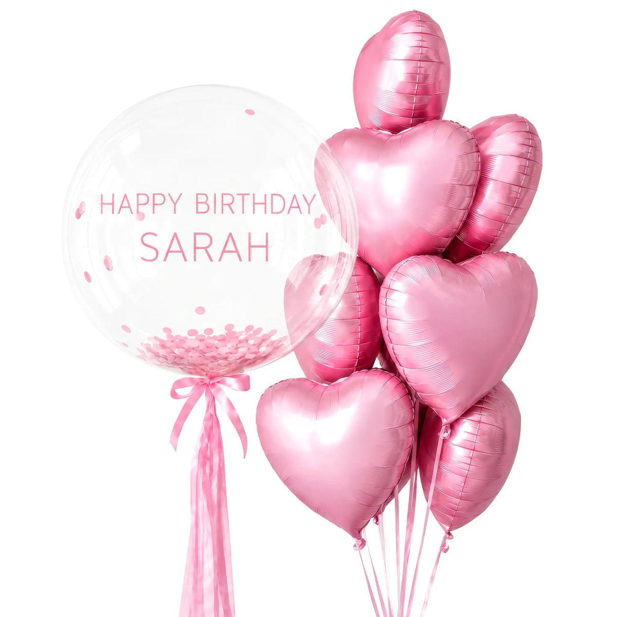Baby pink personalised bubble and heart balloon bouquet with confetti by The SoArt