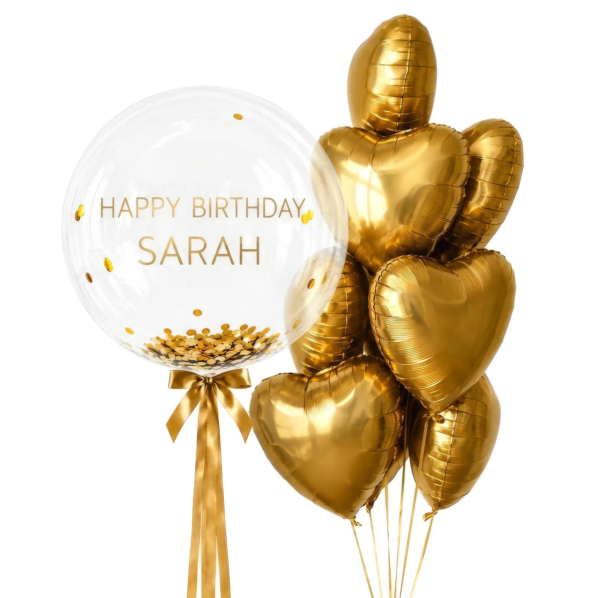 Gold personalised bubble and heart balloon bouquet with confetti by The SoArt