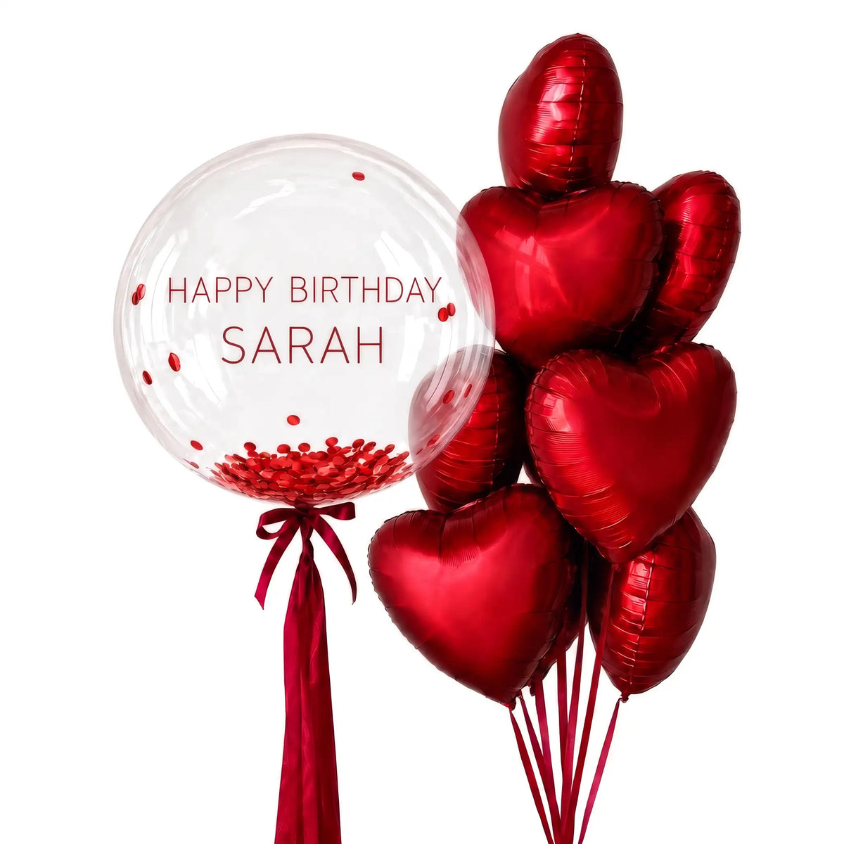 Red personalised bubble and heart balloon bouquet with confetti by The SoArt