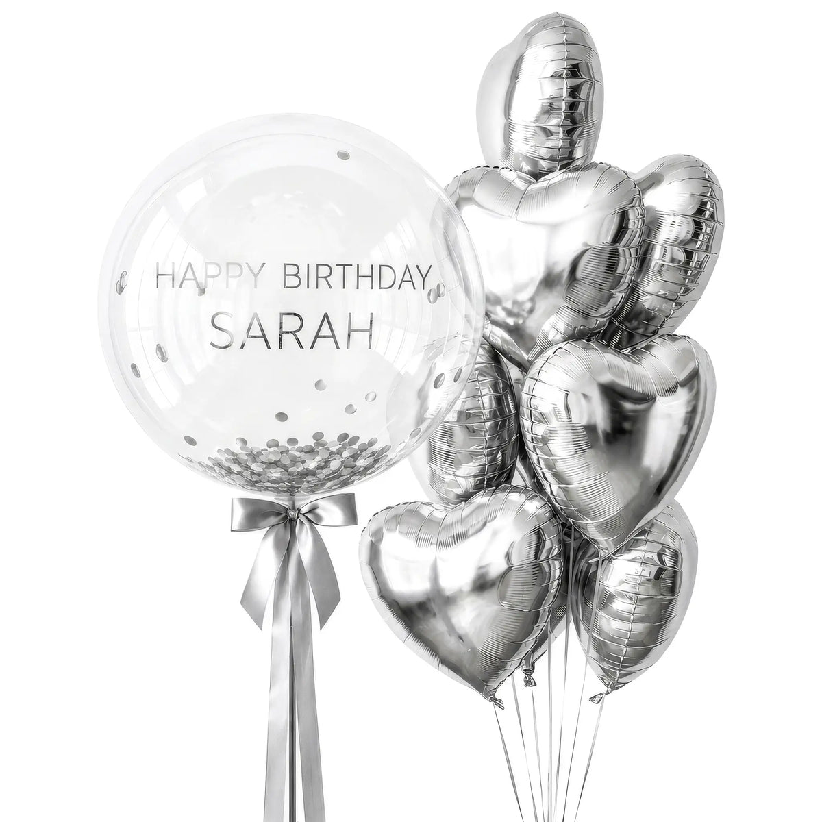Silver personalised bubble and heart balloon bouquet with confetti by The SoArt