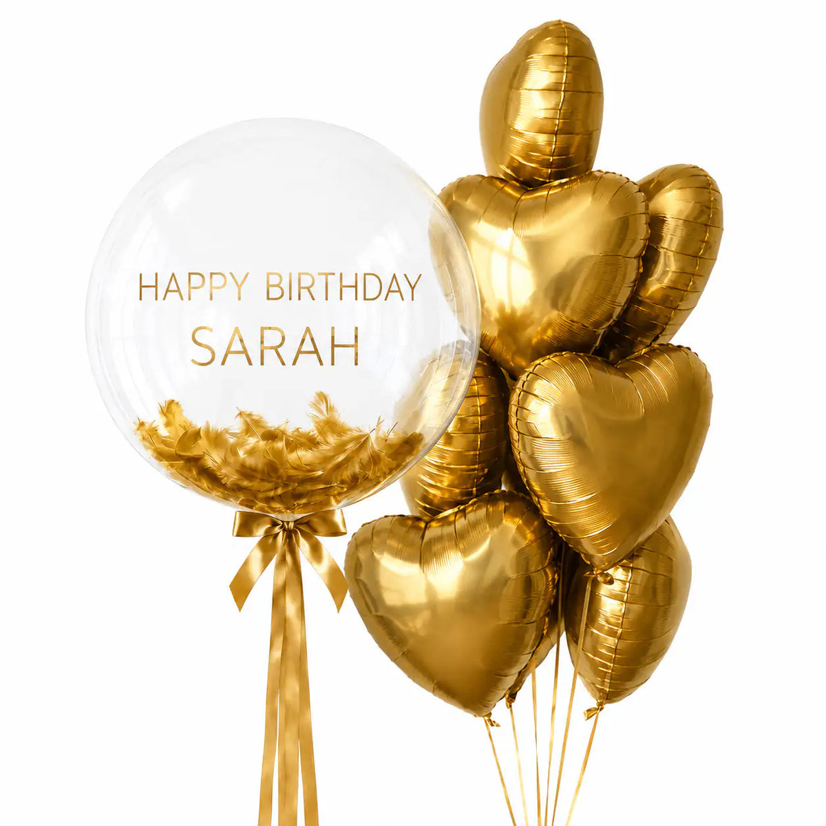 Gold personalised bubble and heart balloon bouquet with feathers by The SoArt