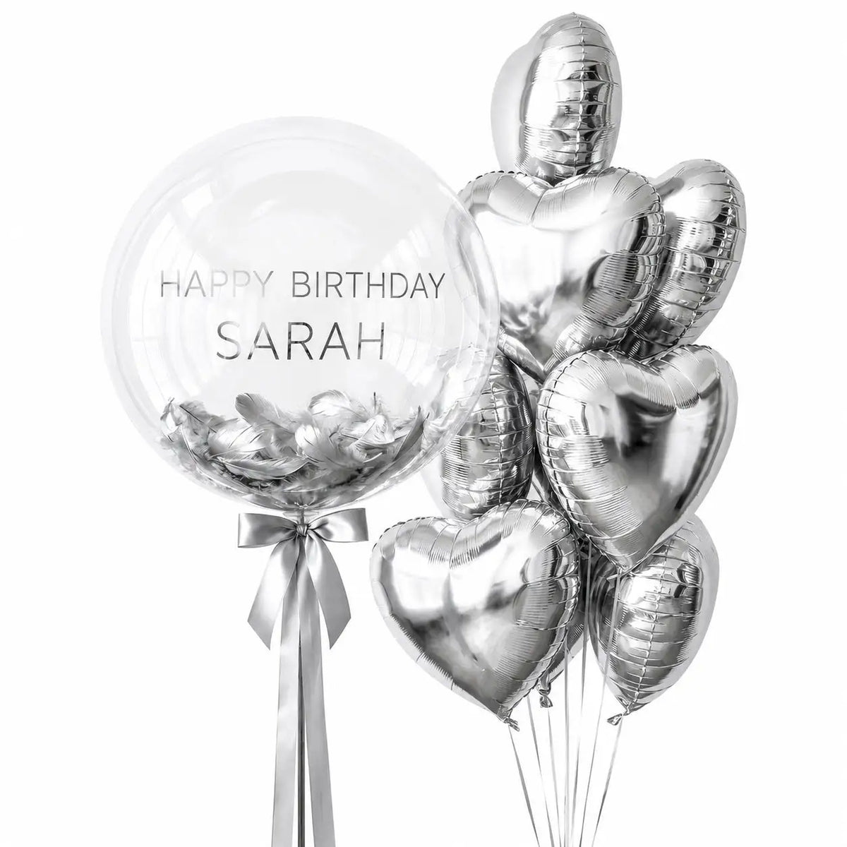 Silver personalised bubble and heart balloon bouquet with feathers by The SoArt