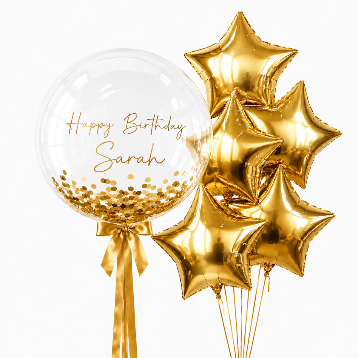 Gold personalised bubble and star balloon bouquet with confetti by The SoArt