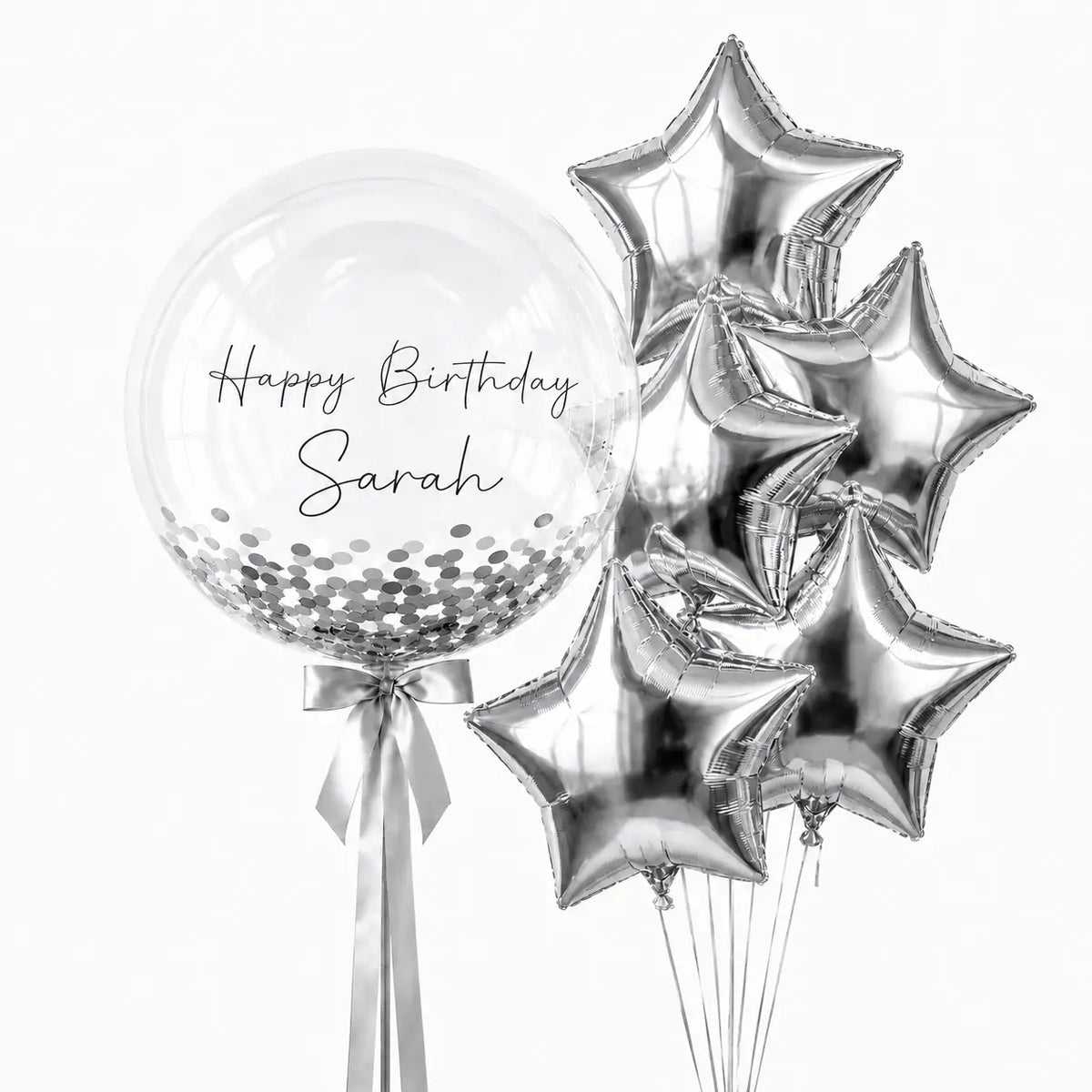 Silver personalised bubble and star balloon bouquet with confetti by The SoArt
