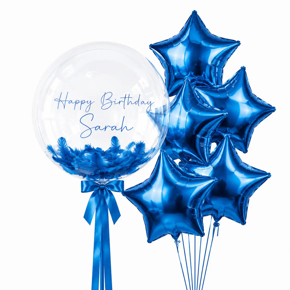 Blue personalised bubble and star balloon bouquet with feathers by The SoArt