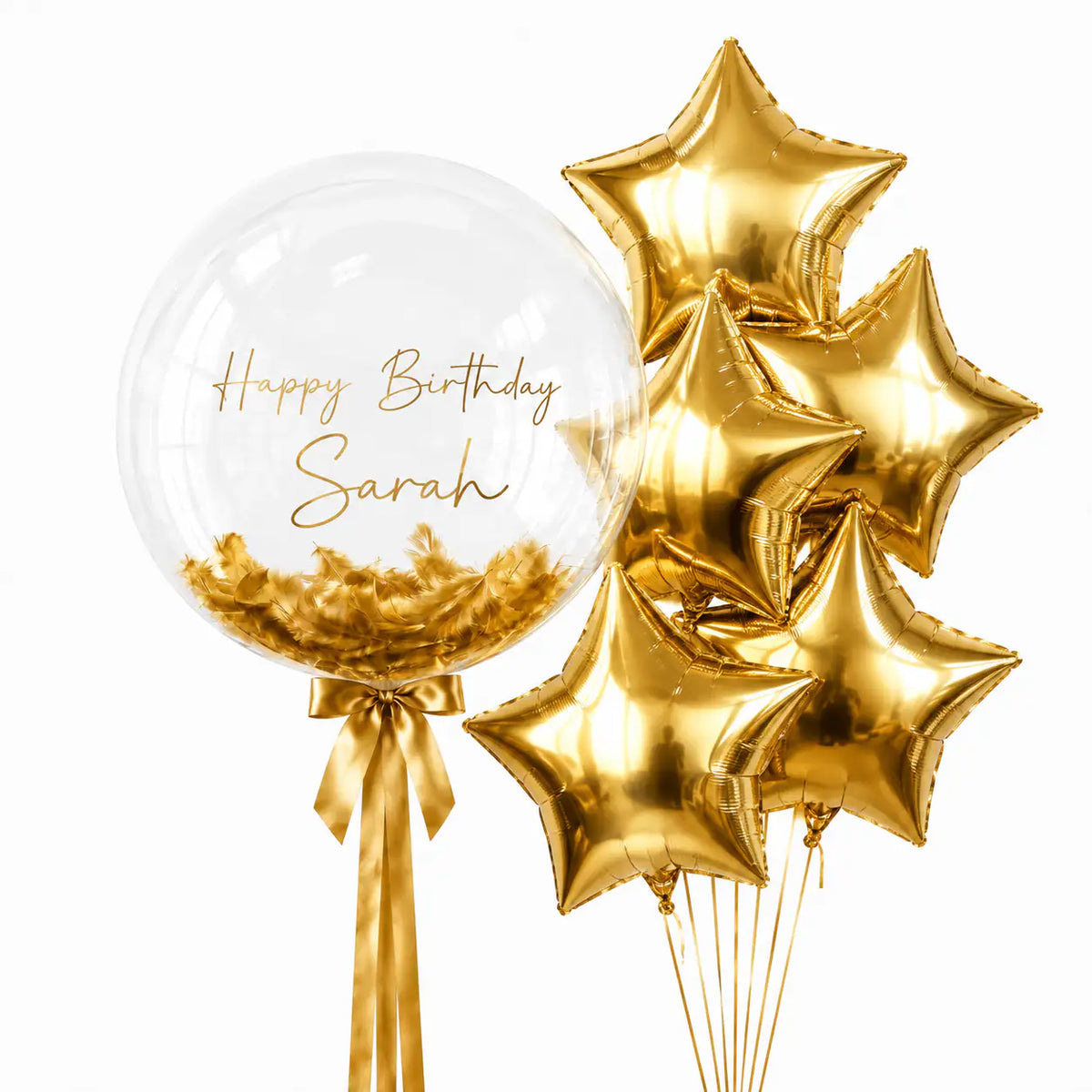 Gold personalised bubble and star balloon bouquet with feathers by The SoArt