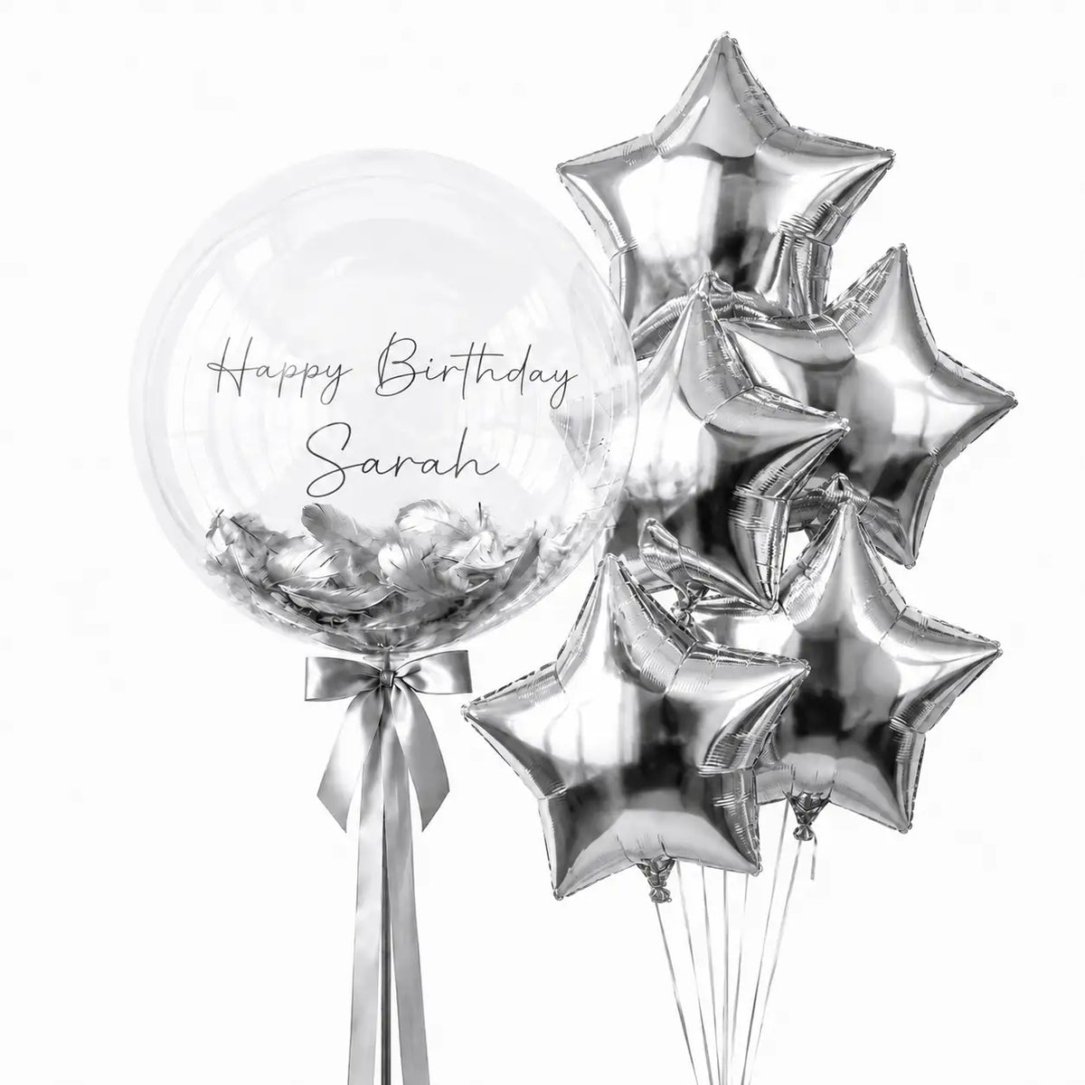 Silver personalised bubble and star balloon bouquet with feathers by The SoArt