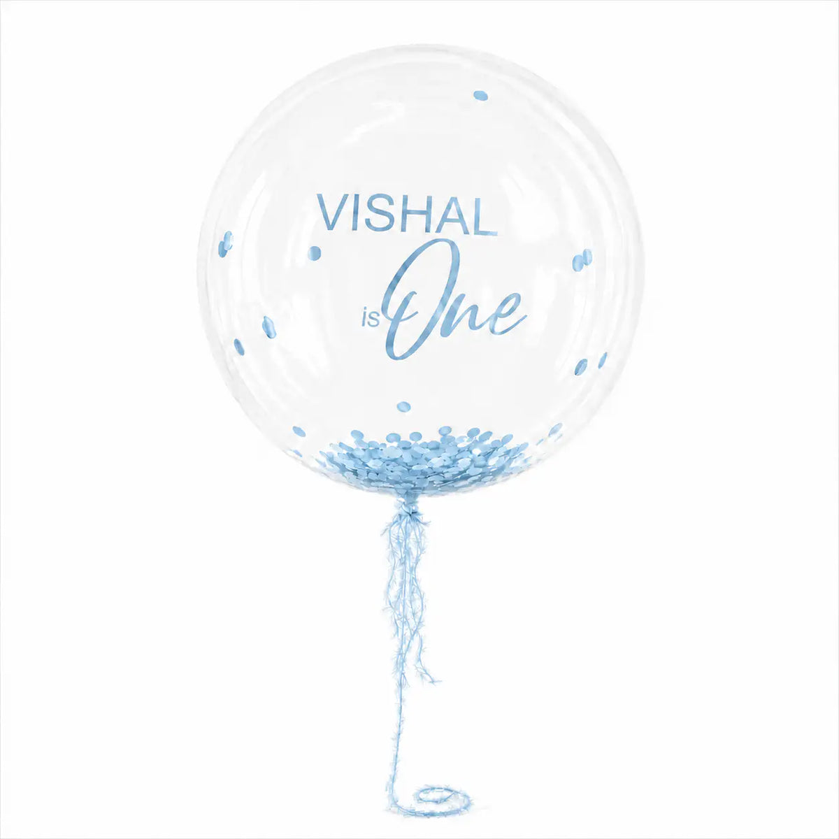 Baby blue personalised helium bubble balloon with confetti by The SoArt