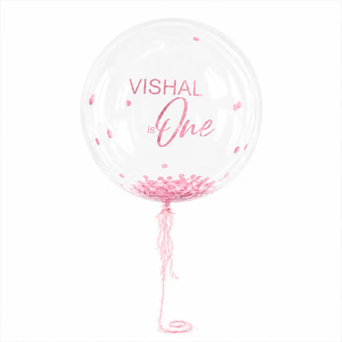 Baby pink personalised helium bubble balloon with confetti by The SoArt