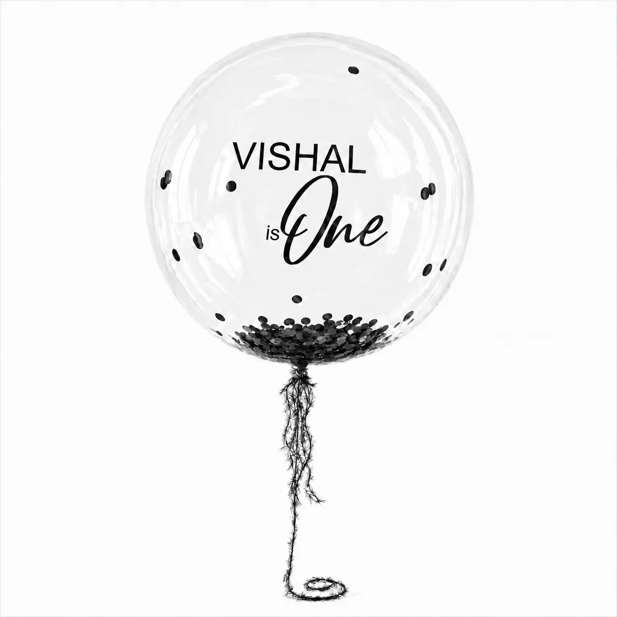 Black personalised helium bubble balloon with confetti by The SoArt