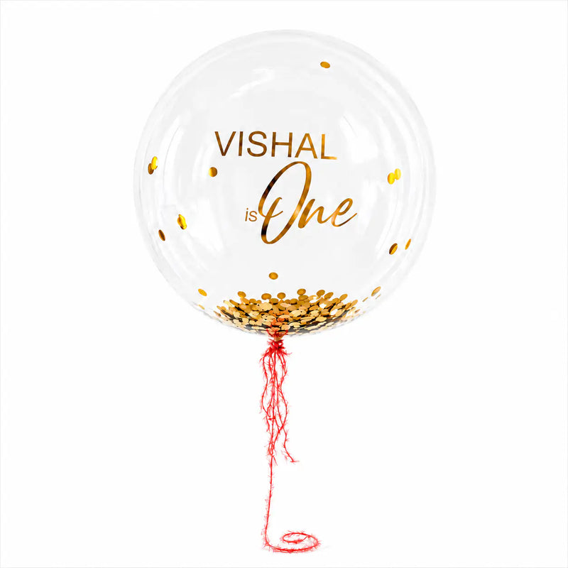 Gold personalised helium bubble balloon with confetti by The SoArt