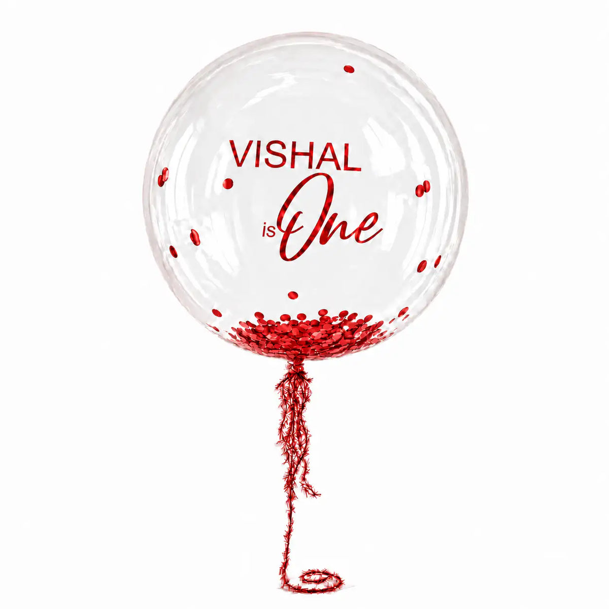 Red personalised helium bubble balloon with confetti by The SoArt