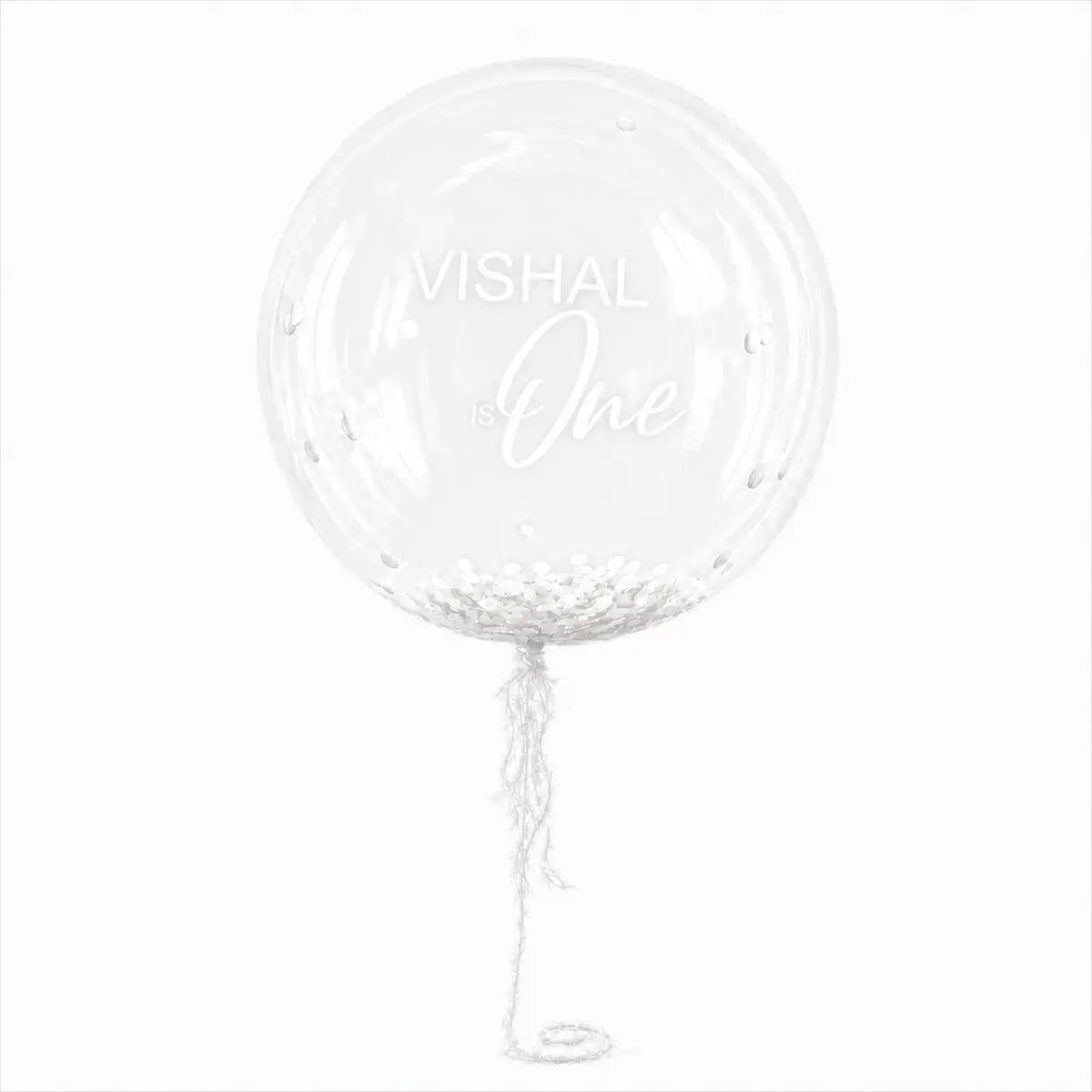 White personalised helium bubble balloon with confetti by The SoArt