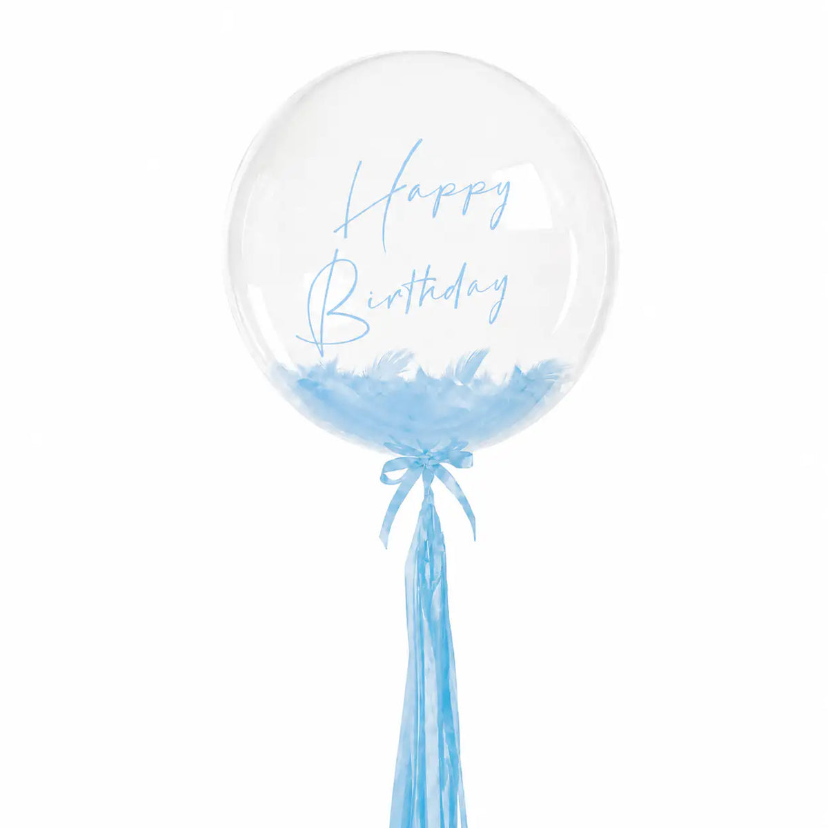 Baby blue personalised helium bubble balloon with feathers by The SoArt