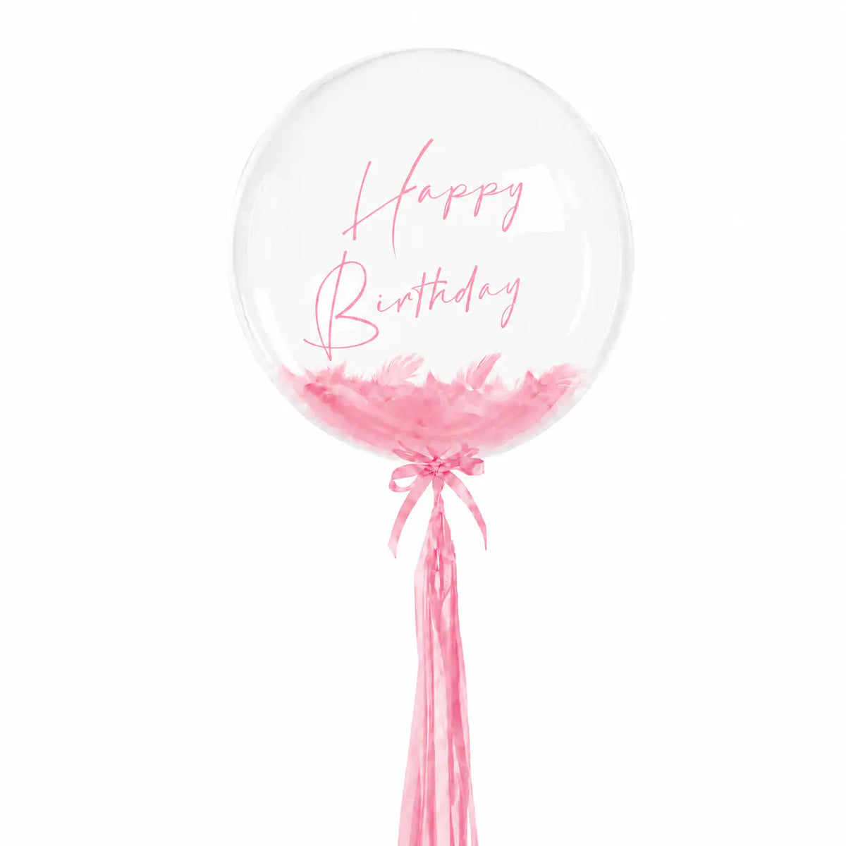 Baby pink personalised helium bubble balloon with feathers by The SoArt