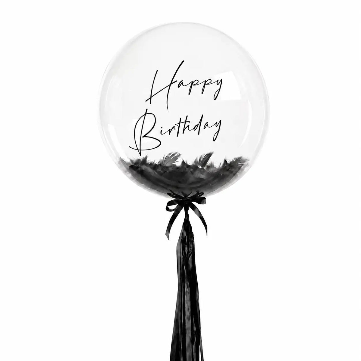 Black personalised helium bubble balloon with feathers by The SoArt
