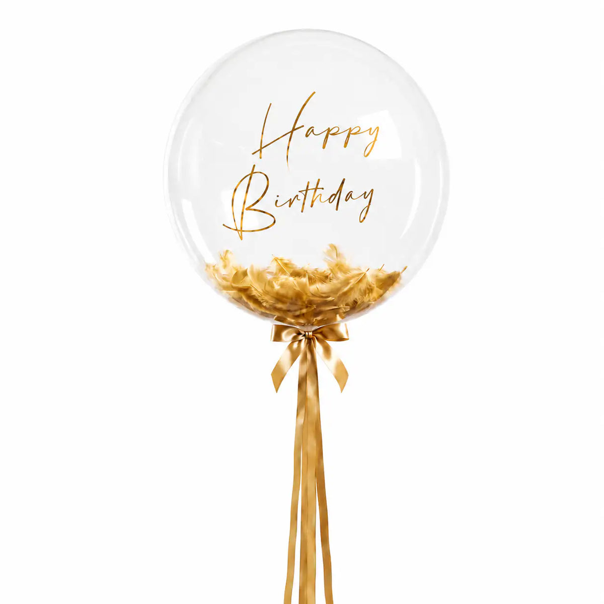 Gold personalised helium bubble balloon with feathers by The SoArt