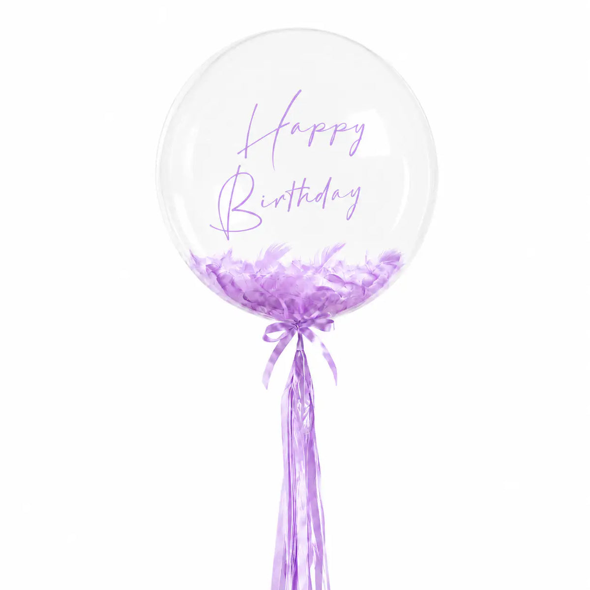 Lilac personalised helium bubble balloon with feathers by The SoArt