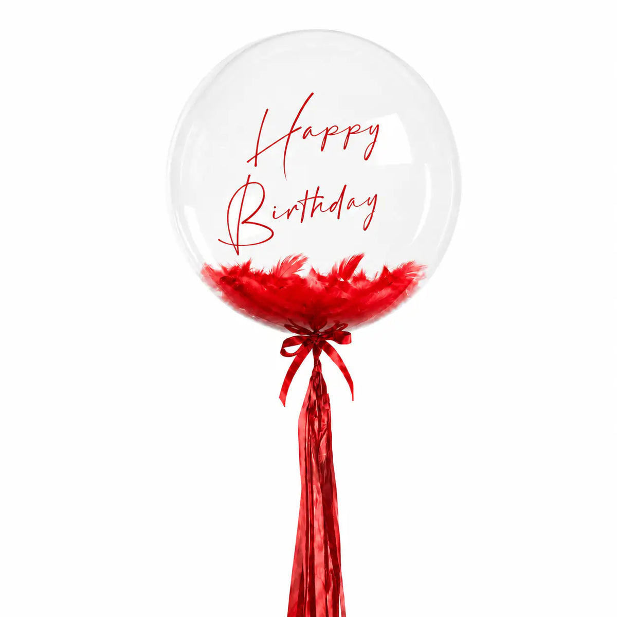 Red personalised helium bubble balloon with feathers by The SoArt