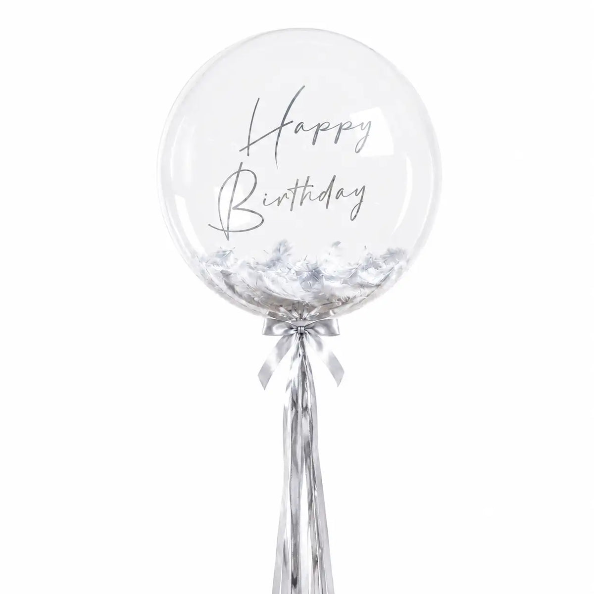Silver personalised helium bubble balloon with feathers by The SoArt