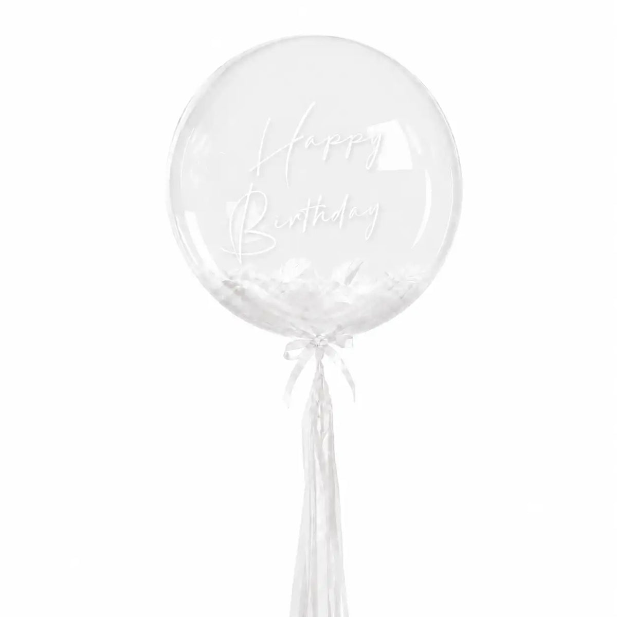 White personalised helium bubble balloon with feathers by The SoArt