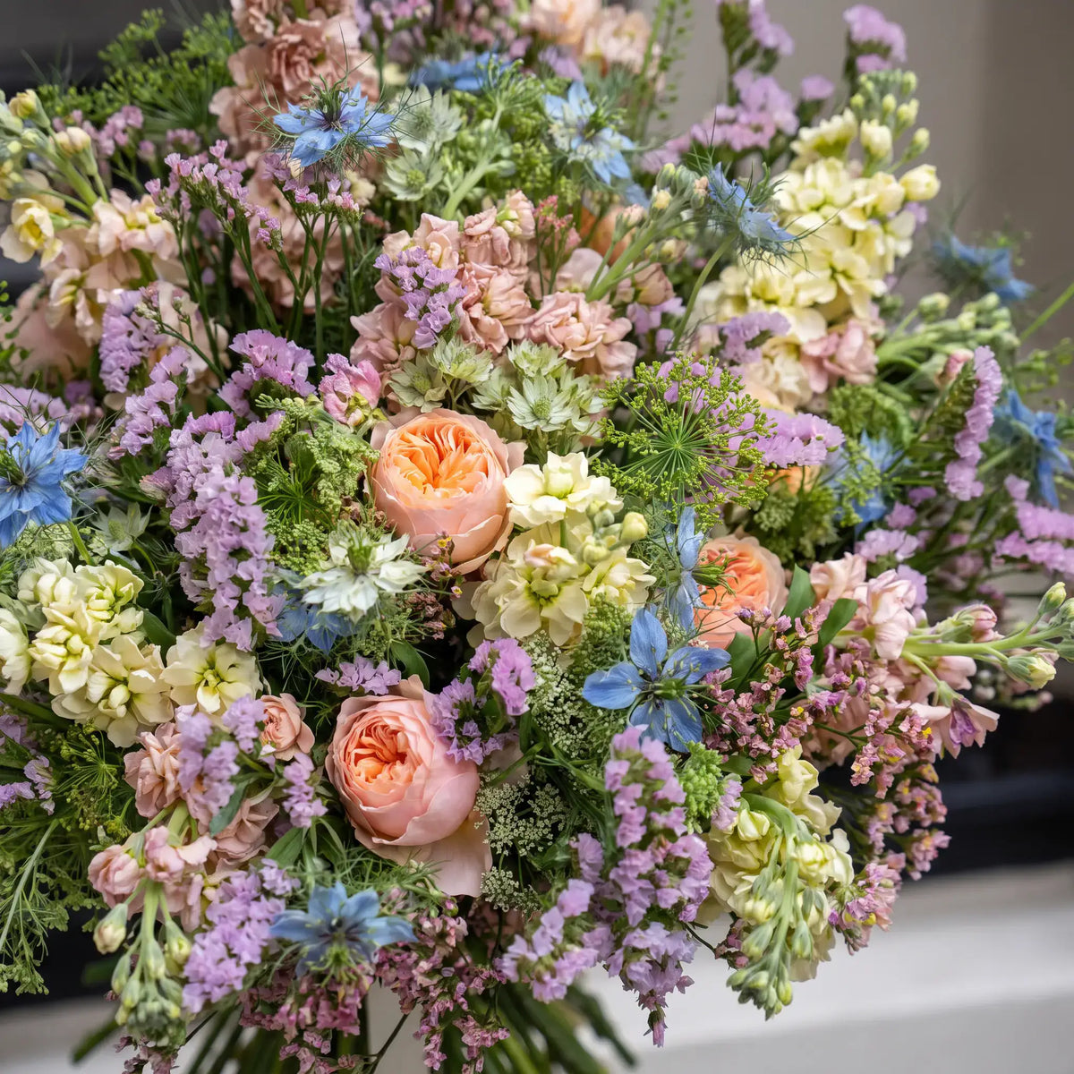 Close-up of Scented Garden bouquet with pastel seasonal flowers