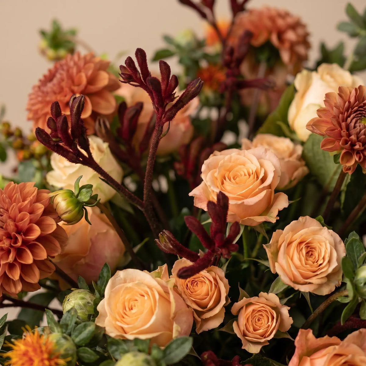 Close-up of Sunset Grove hand-tied flower bouquet