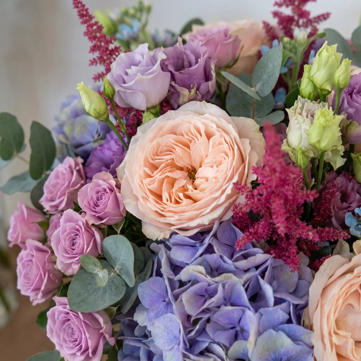 Close-up of Violet Opal hand-tied flower bouquet